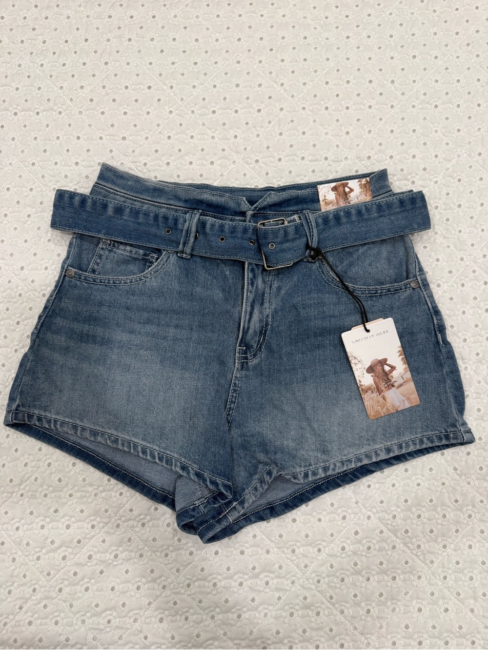 Sincerely Jules High-Waist Denim Belted Shorts - Blue